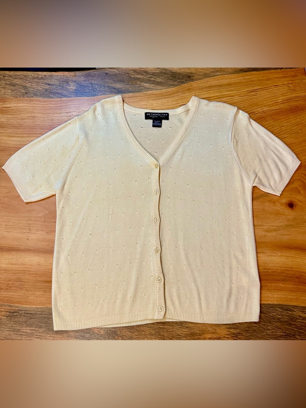 Pointelle, Feminine, Lightweight Button Down Short Sleeve Sz Lg. Sweater Yellow